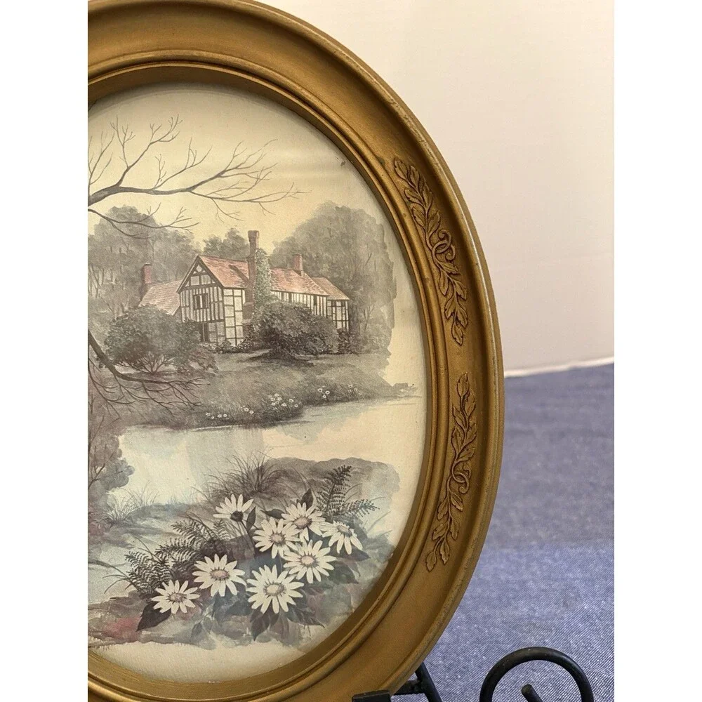Two Vintage HomCo Gold Tone Oval Framed Prints by Artist F. Massa
